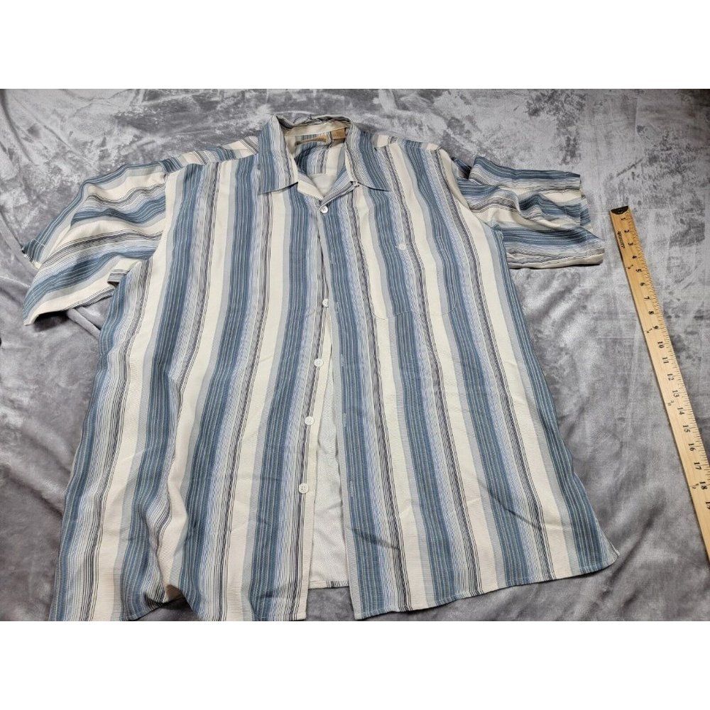 Bobby Chan Silk Short Sleeved Button Up Men's Shirt Size Large blue, striped